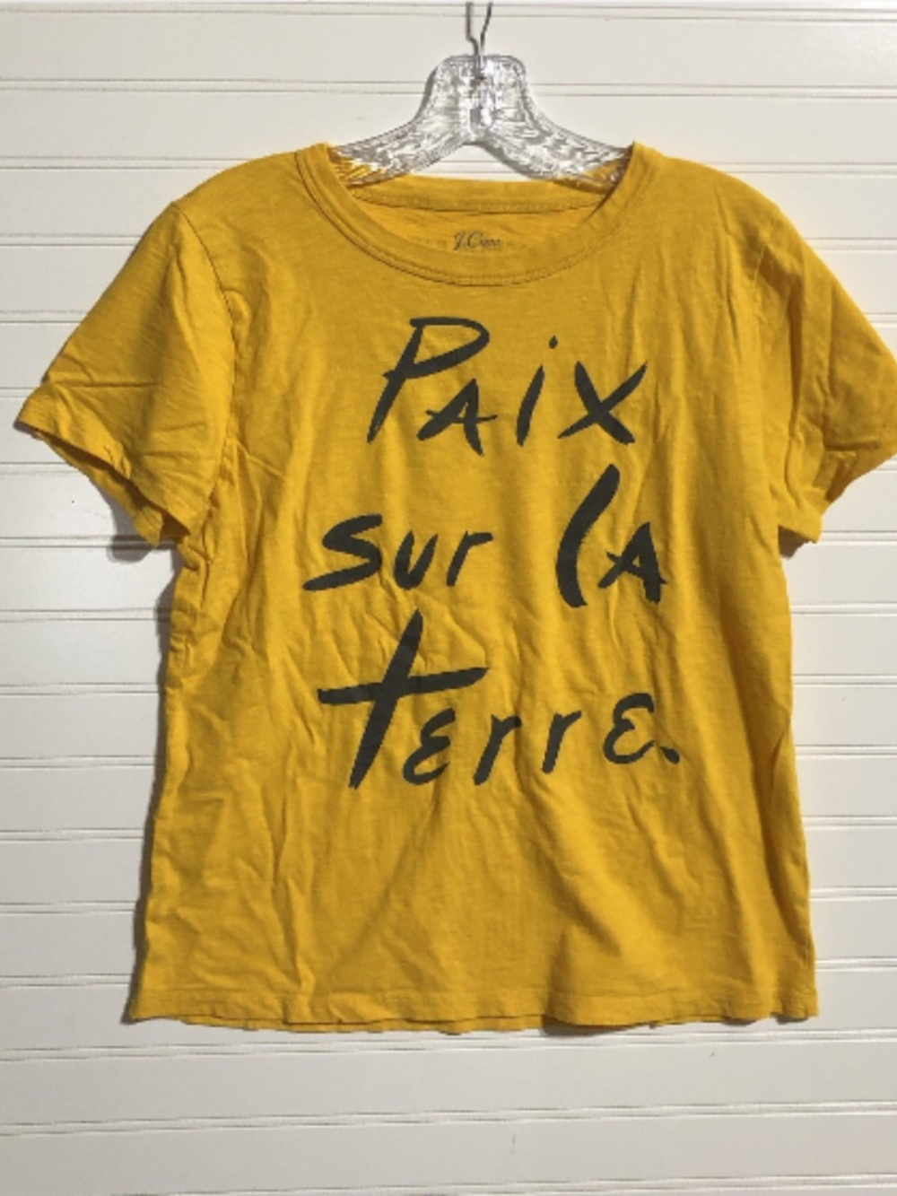 J Crew Yellow Peace On Earth (Paix sur la Terre) Soft Cotton T Shirt Women's L